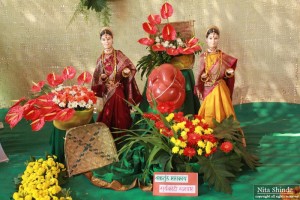 This Flower Design Beautifully Portrayed the Celebration for the union of Gauri GanpatiThe red Anthurum and the the pretty Yellow Shevanti nicely gripped the color of the occasion .